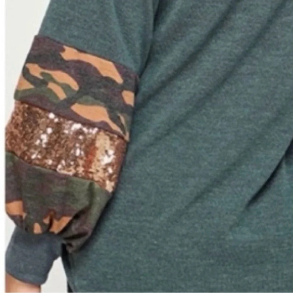 Dark Green Camo Sequin Sleeve Top | Long Sleeve Casual Blouse - Picture 3 of 3